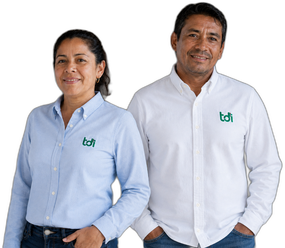 Camisas Oxford institucionales blanca y azul claro con logo TDI bordado