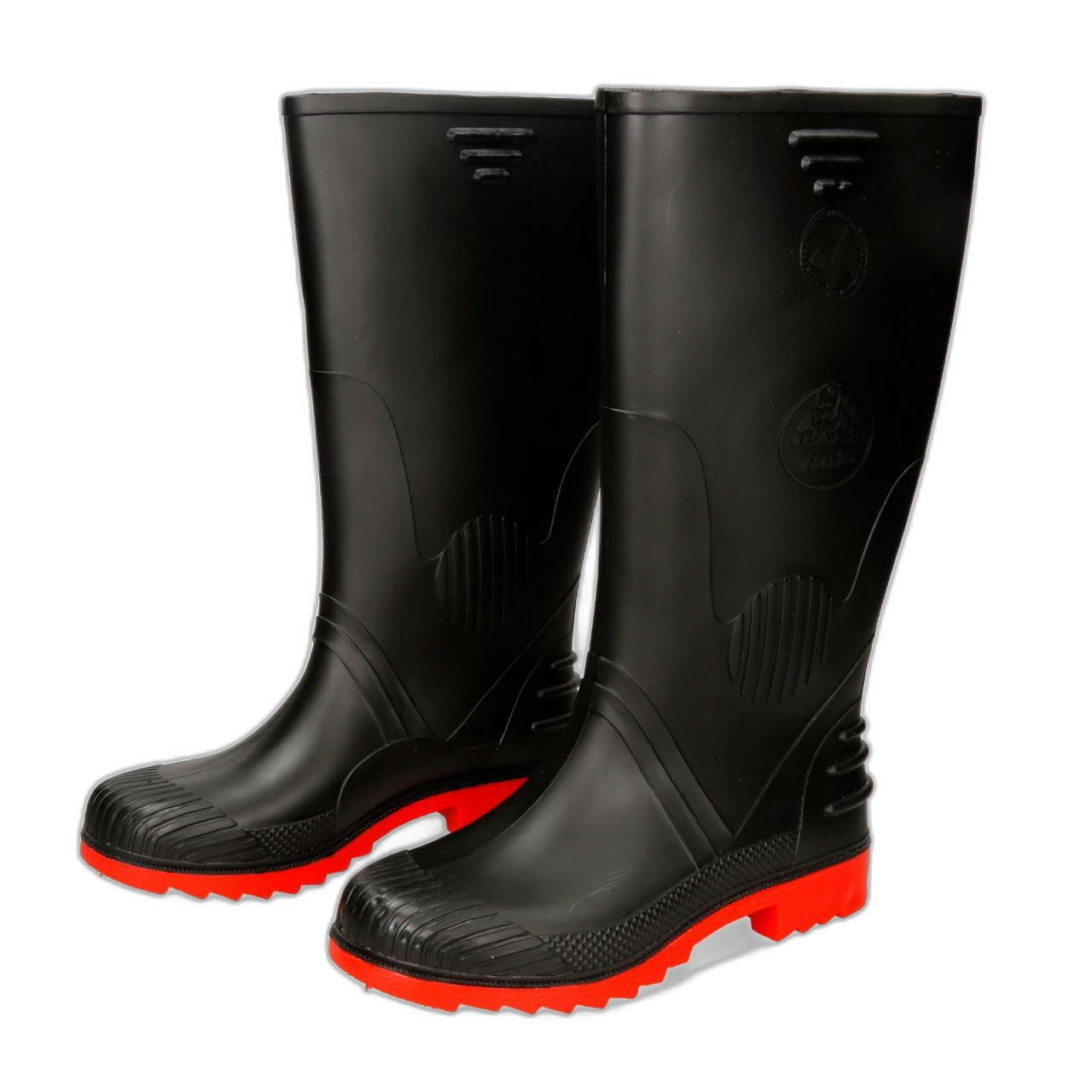 Bota industrial negra con suela roja reforzada